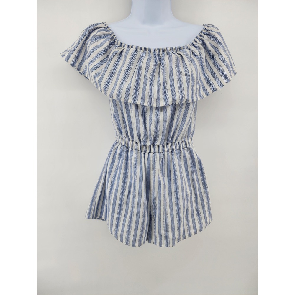 Haute Monde Womens Small Blue‎ White Striped Off Shoulder Ruffle Romper Playsuit
